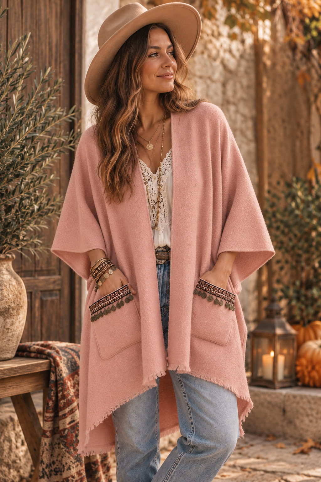 Boho Poncho Cardigan, Ethnic Trim Cape, Oversized Boho Jacket, Fringe Cardigan, Plus Size Outerwear