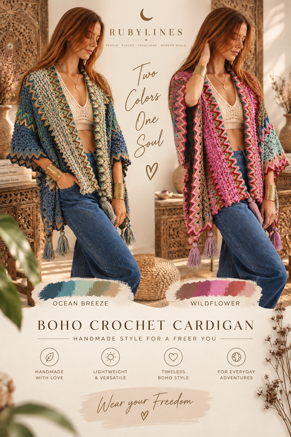 Boho Strickponcho – Handgehäkelt Look, Onesize, Kuschelig & Warm – Herbst & Winter Cape mit Fransen