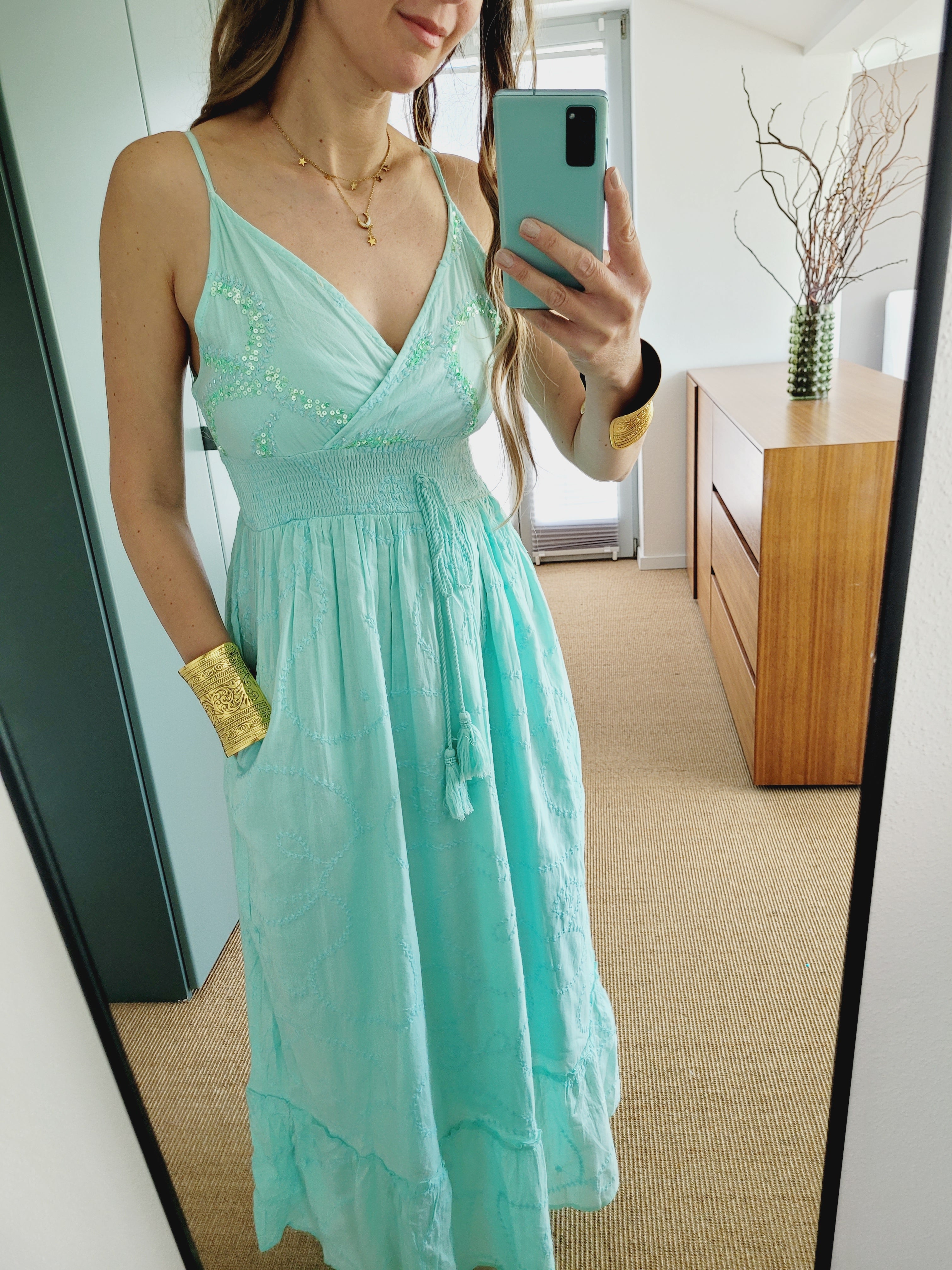 Boho Sommerkleid mit Pailletten – Baumwolle, Weiß/Aqua/Babyblau – Größen S bis XL