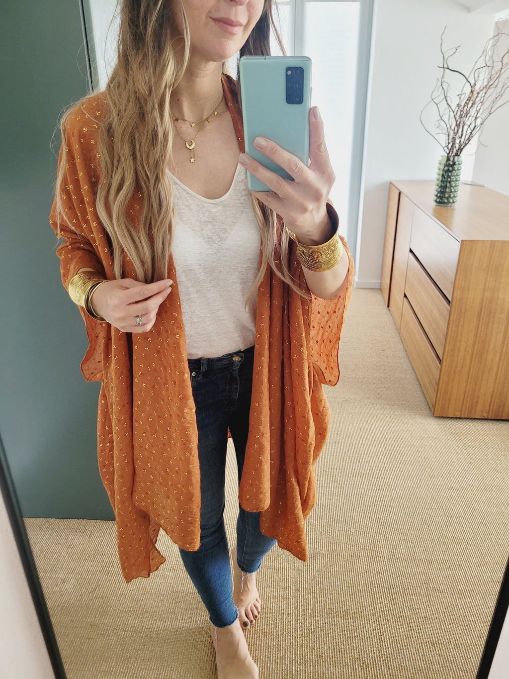 Boho Kimono Cardigan in Rost mit Goldprint – Leicht & Indisch inspiriert