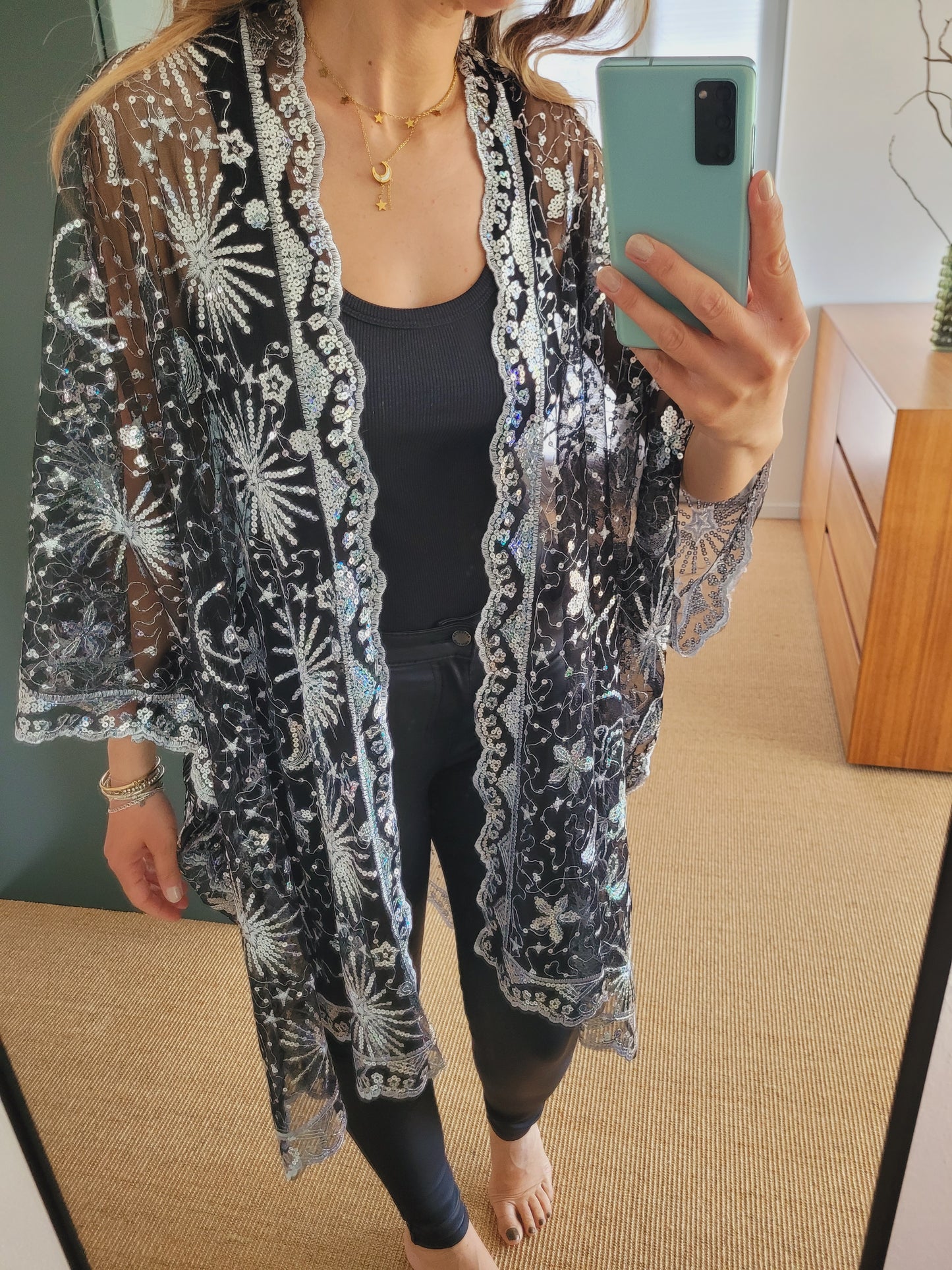 Celestial Glitzer Kimono – gold Sequin Boho Cardigan