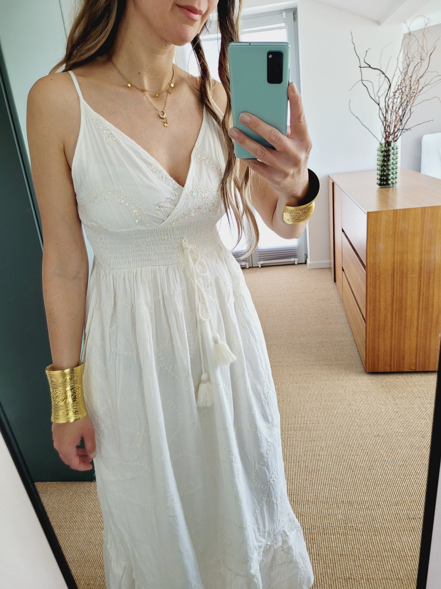 Boho Sommerkleid mit Pailletten – Baumwolle, Weiß/Aqua/Babyblau – Größen S bis XL