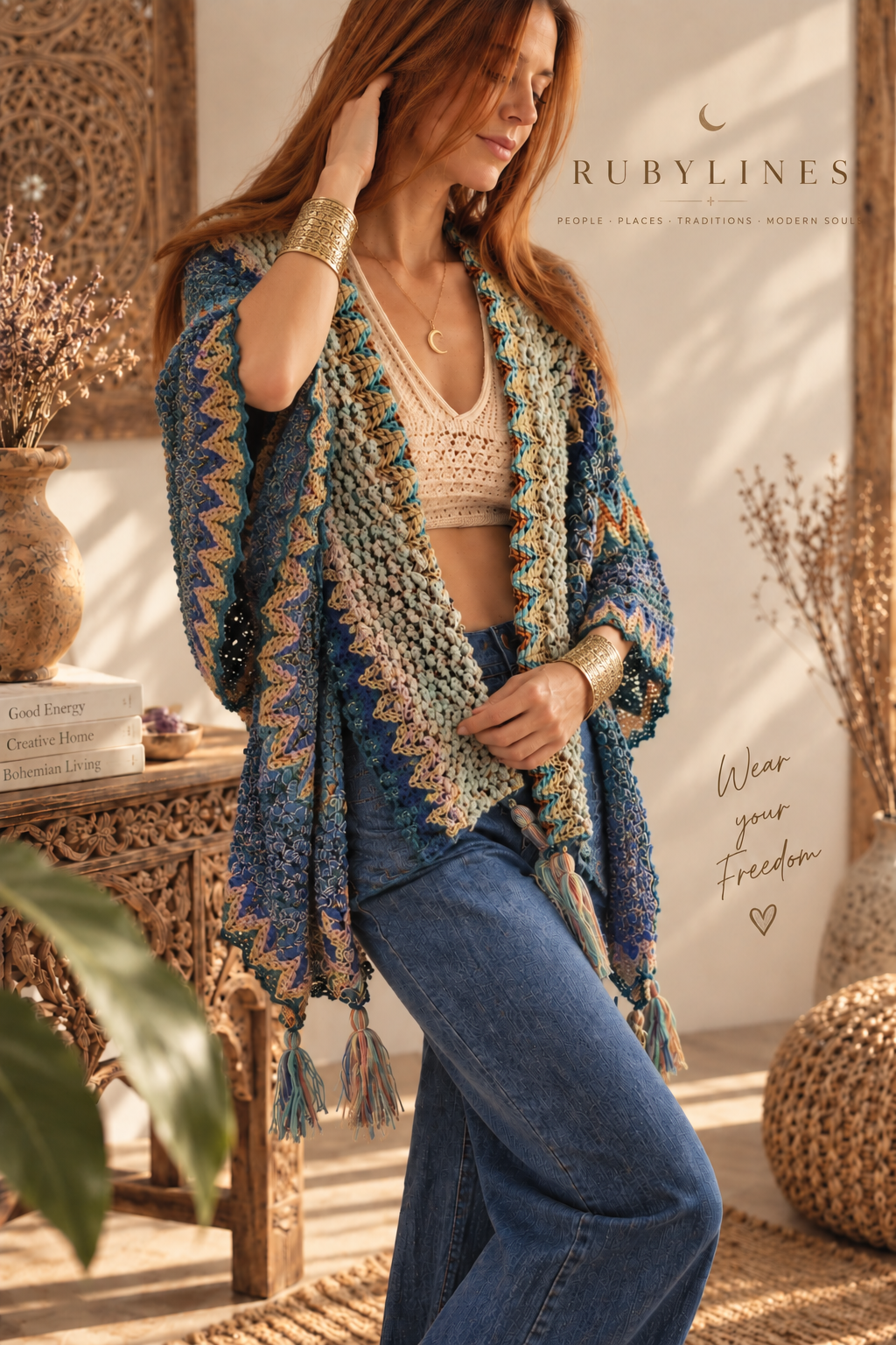 Poncho de punto bohemio – Aspecto ganchillo hecho a mano, talla única, suave y cálido – Capa con flecos para otoño e invierno