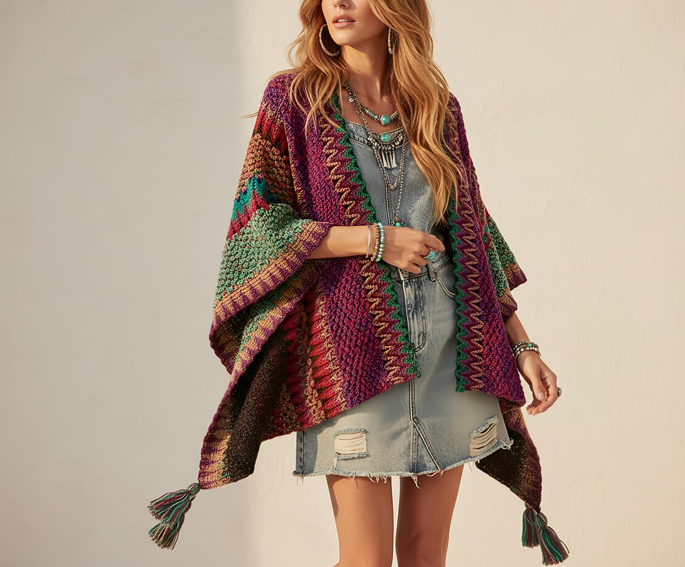 Boho Strickponcho – Handgehäkelt Look, Onesize, Kuschelig & Warm – Herbst & Winter Cape mit Fransen