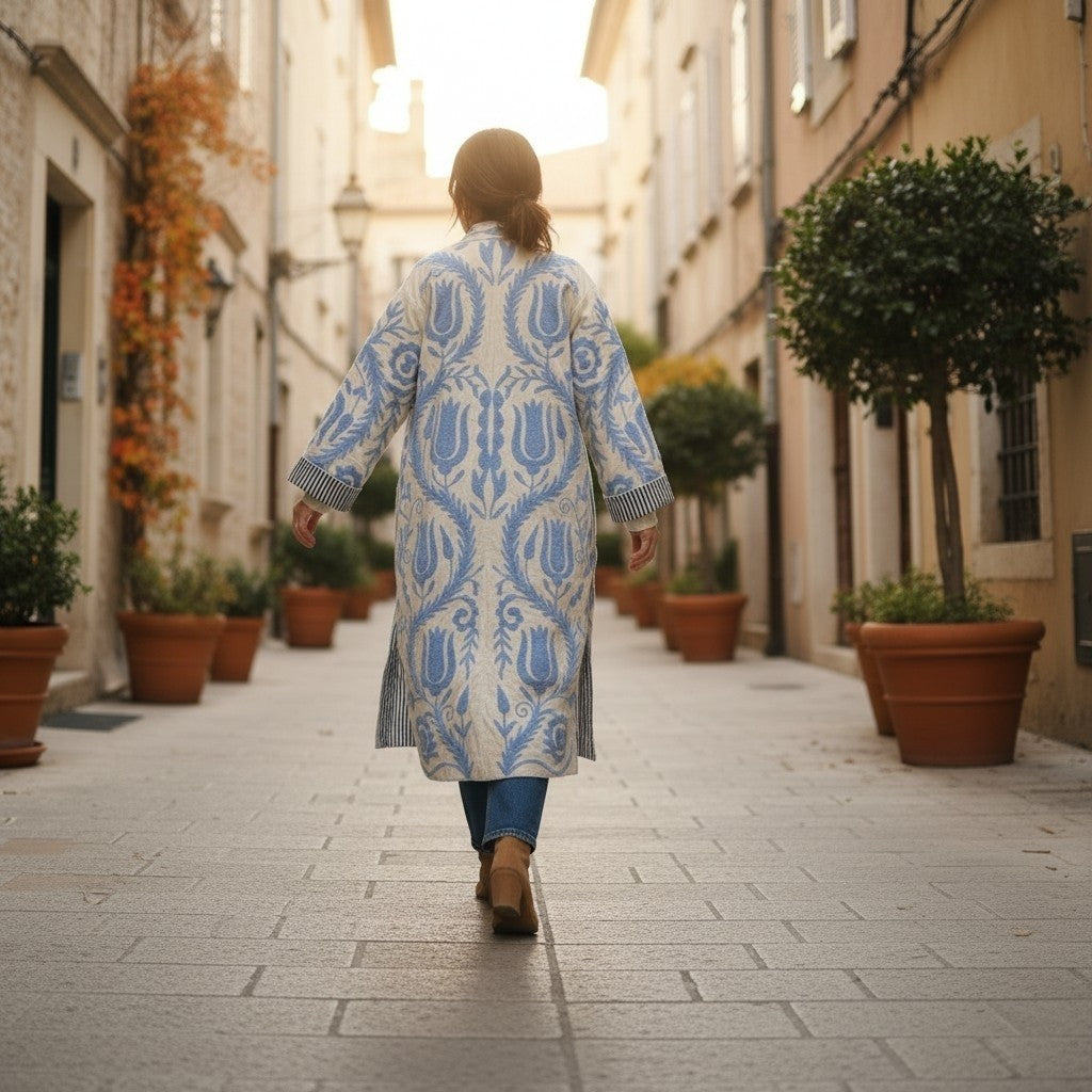 RubyLines bestickte Baumwolljacke im Boho-Kimono-Stil mit blauem Blumenmuster, getragen in einer Gasse