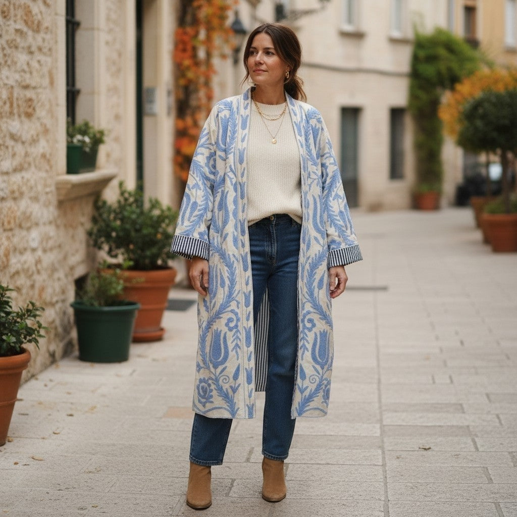 RubyLines bestickte Baumwolljacke im Boho Kimono-Stil mit blauem Blumenmuster, getragen als lässige Übergangsjacke