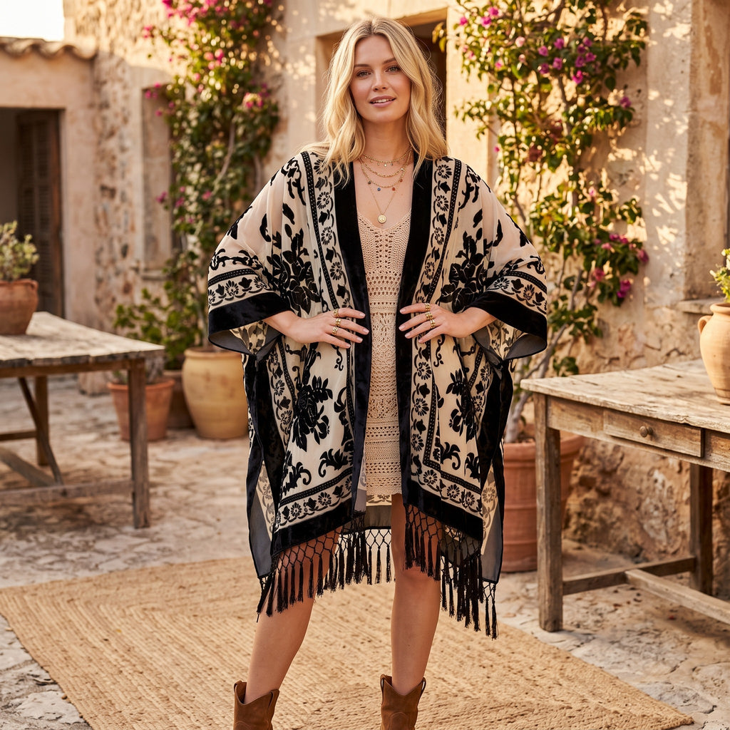 RubyLines Burnout Samt Kimono Cardigan mit schwarzem Blumenmuster, Fransen und fließendem Schnitt im Boho-Stil.
