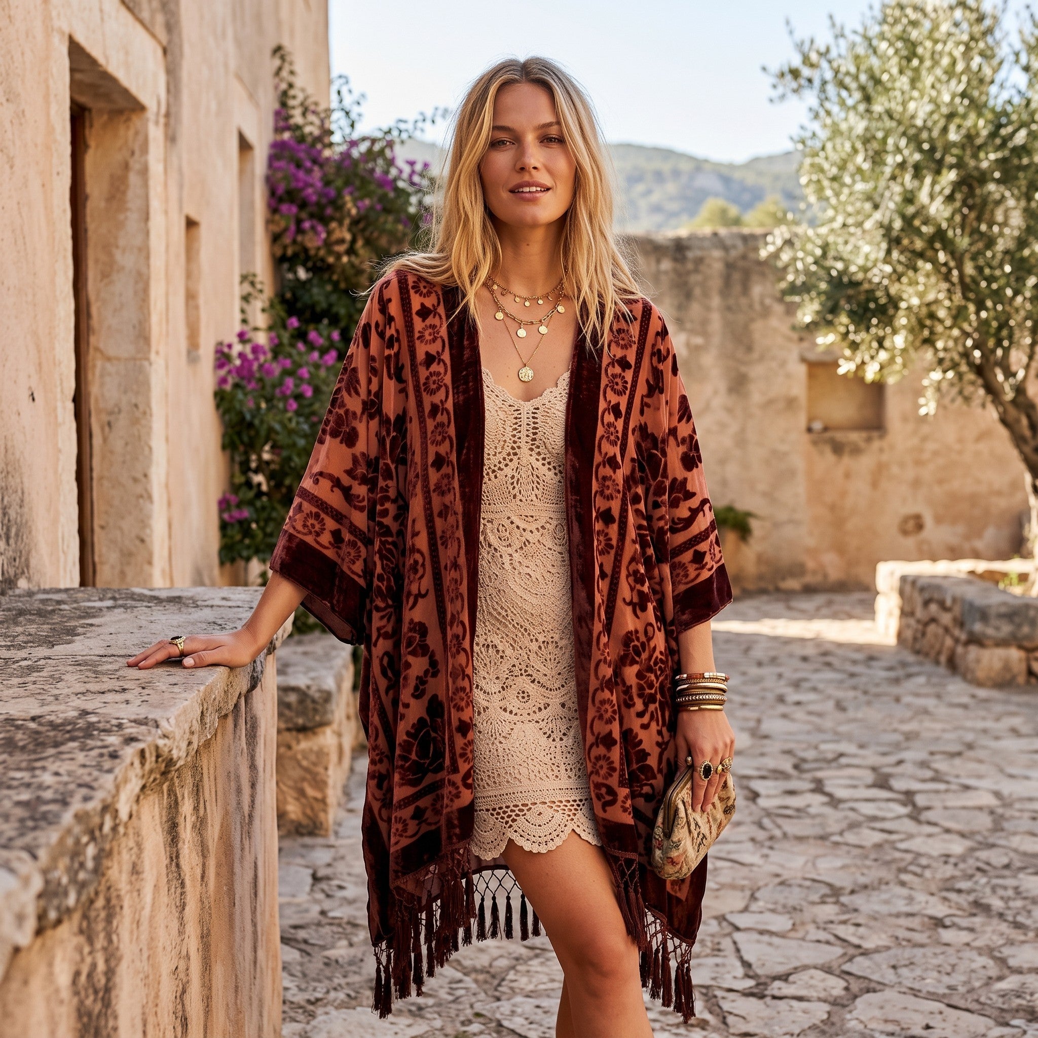 RubyLines Burnout Samt Kimono Cardigan in Rostbraun mit floralem Muster, Fransen und fließendem Boho-Schnitt.