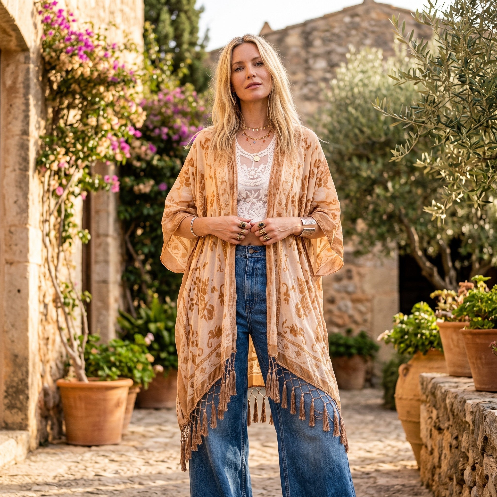 RubyLines Burnout Samt Kimono Cardigan in Gold mit Fransen und floralem Muster, getragen von einer Frau im Boho-Stil.
