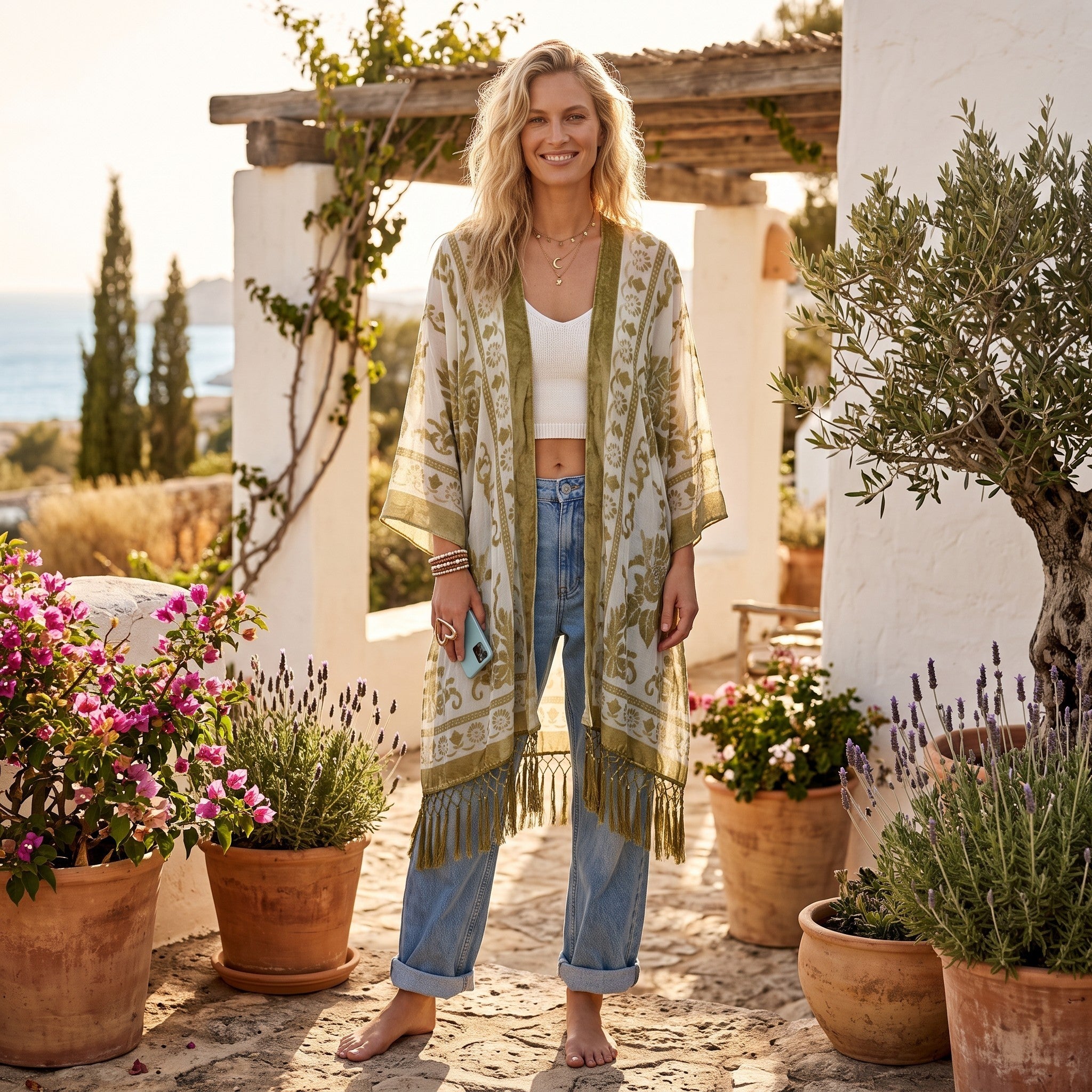 RubyLines Burnout Samt Kimono Cardigan in Olivgrün mit Fransen, getragen von einer Frau in mediterraner Kulisse.