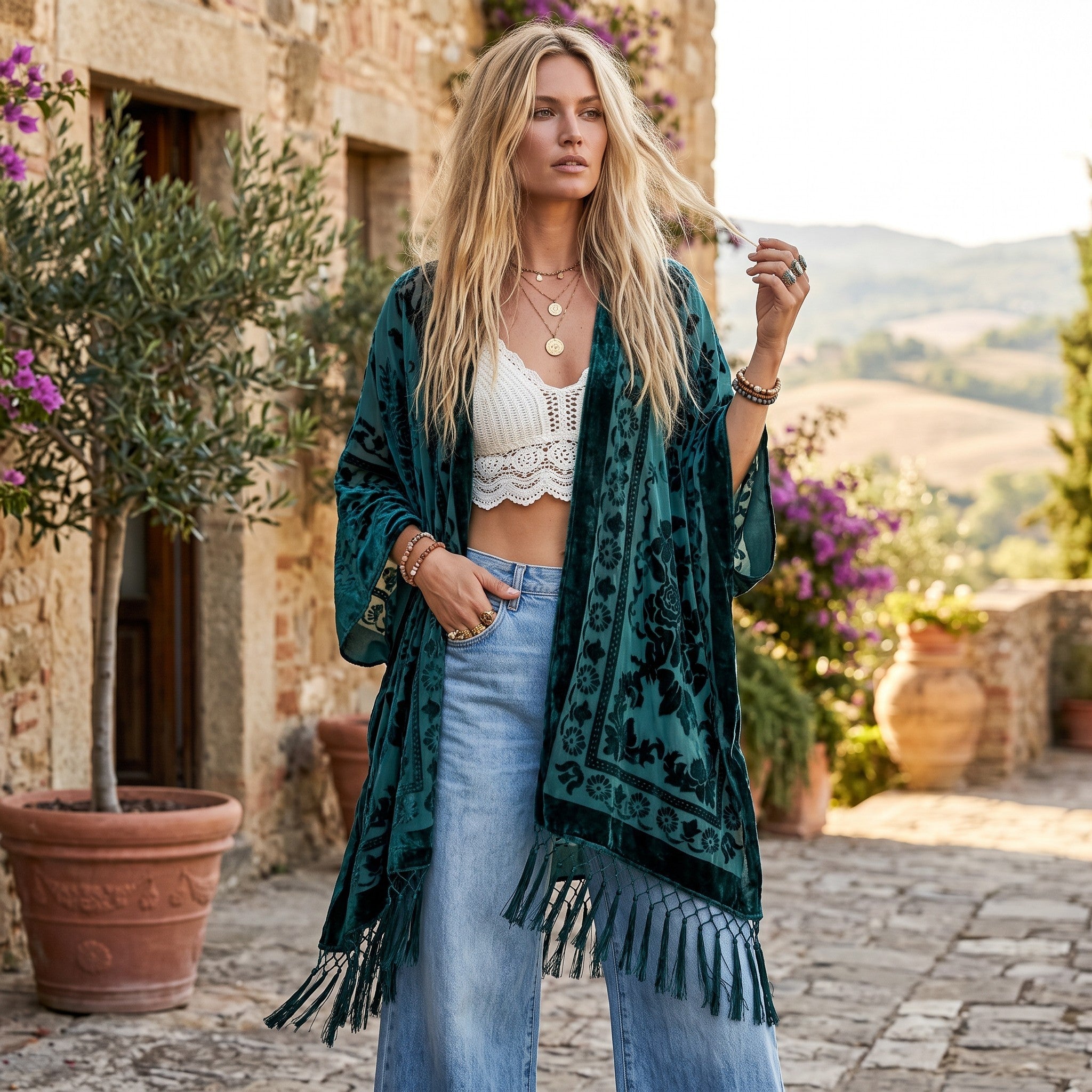 RubyLines Burnout Samt Kimono in Dunkelgrün mit Fransen, getragen von einer Frau im Boho-Stil vor einer Villa.