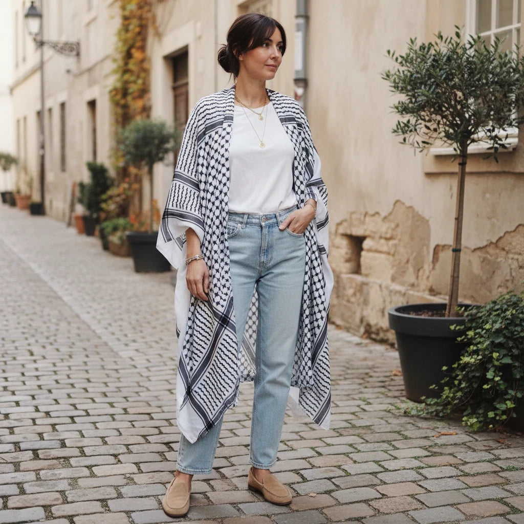 RubyLines langer Cardigan mit schwarz-weißem Kuffiya-Print aus Baumwoll-Viskose-Mix, getragen in einer Gasse.