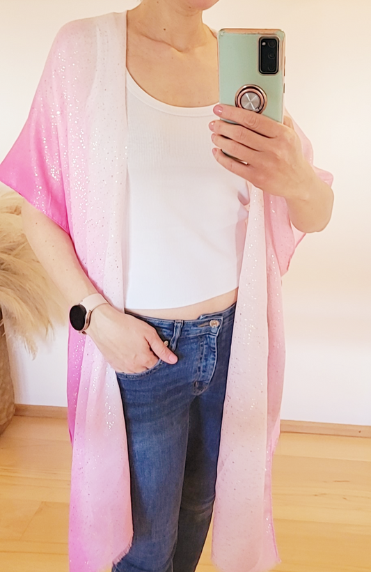 Light cotton boho cardigan women, pink kimono, light cardigan with tassels, beach kimono, ombre bikini cover up, pink shimmering cardigan